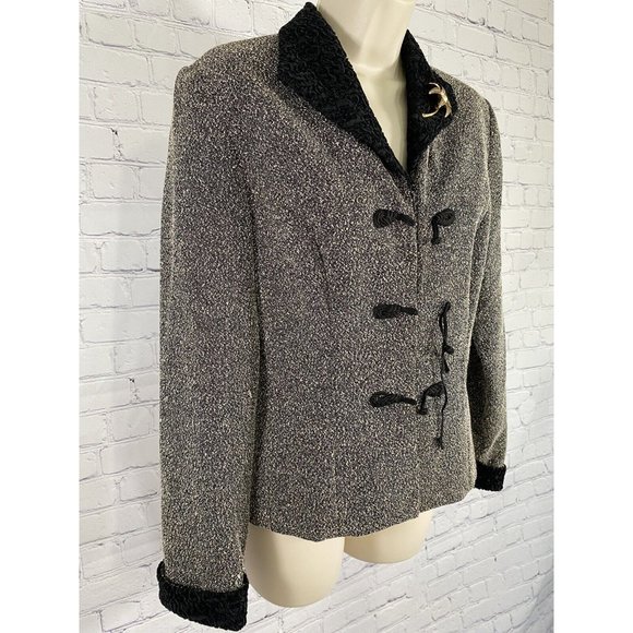 Danny & Nicole Black White Speckled Velvety Trim Blazer Jacket Gold Brooch 6 - Picture 2 of 9